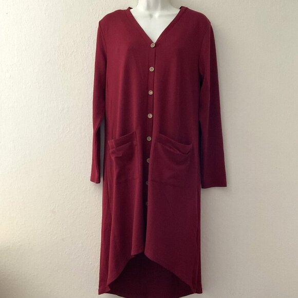BURGUNDY HIGH LOW BUTTON-DOWN CARDIGAN DUSTER - Picture 5 of 8